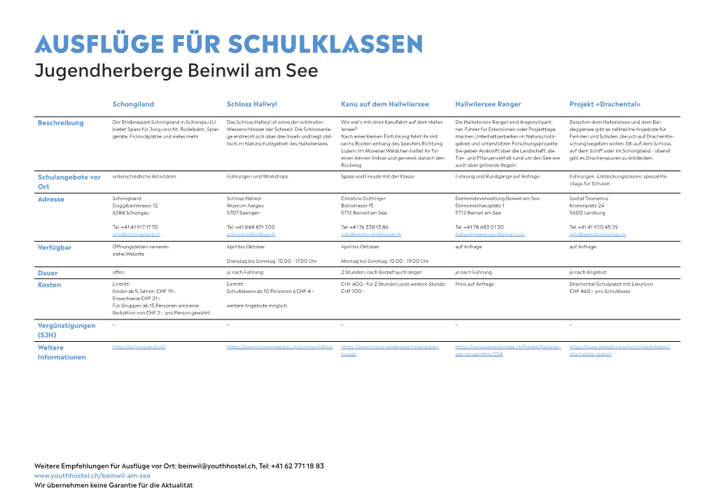 AUSFLÜGE FÜR SCHULKLASSEN Jugendherberge Beinwil Am See