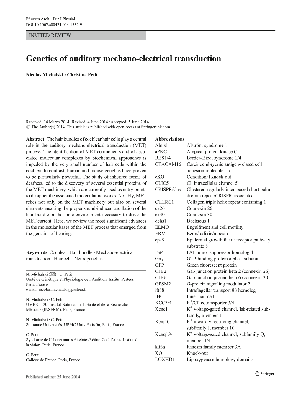 Genetics of Auditory Mechano-Electrical Transduction