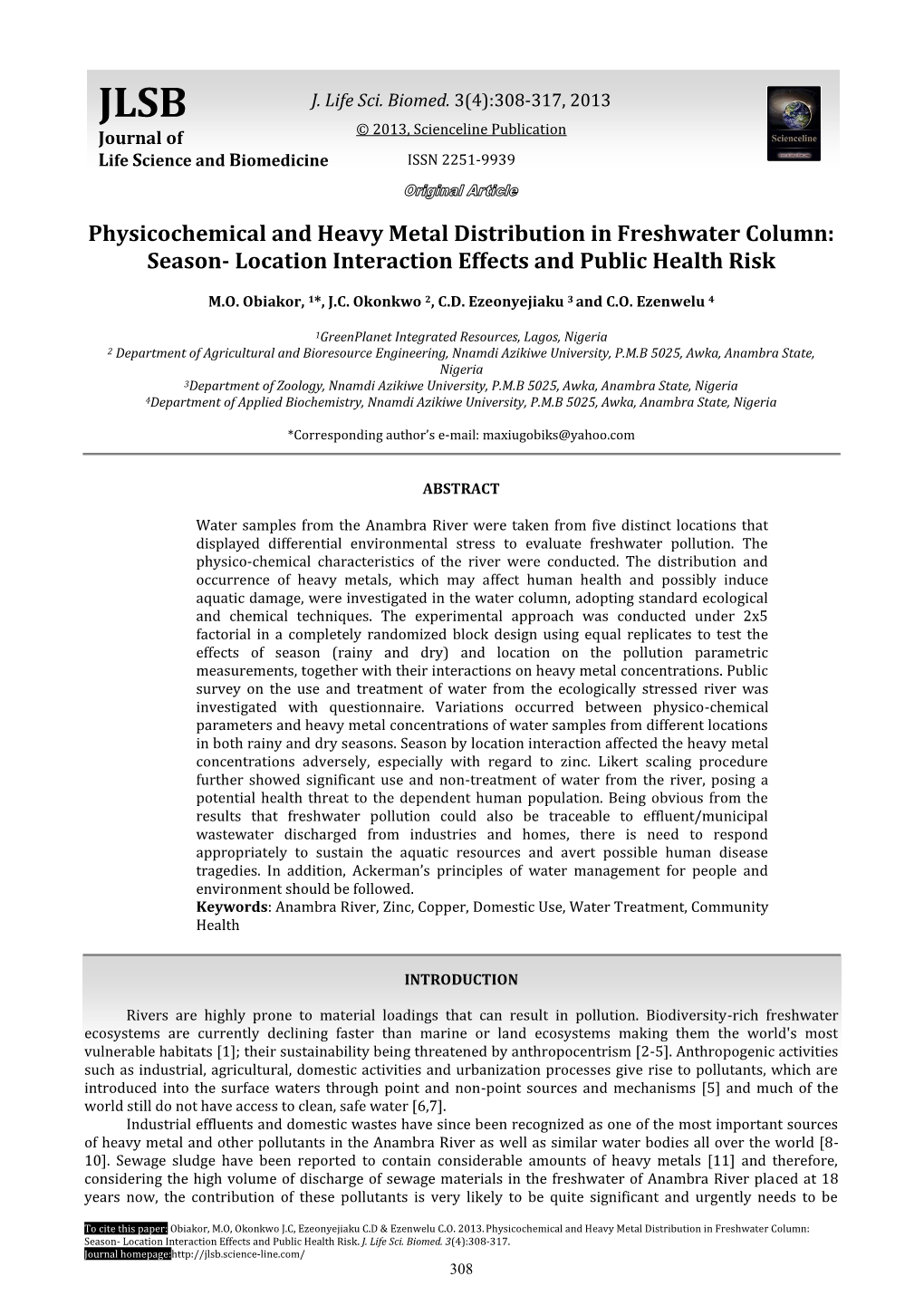 Physicochemical and Heavy Metal Distribution in Freshwater Column: Season- Location Interaction Effects and Public Health Risk