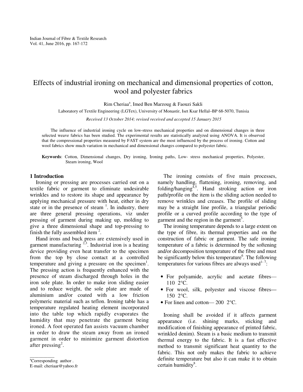 Effects of Industrial Ironing on Mechanical and Dimensional Properties of Cotton, Wool and Polyester Fabrics