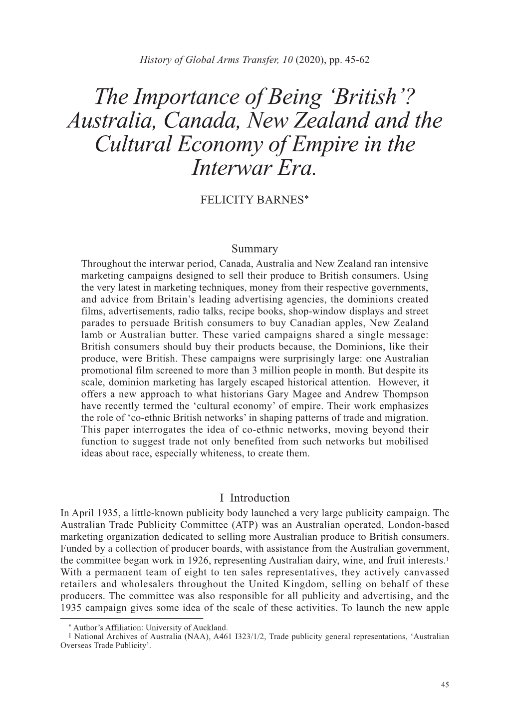 The Importance of Being 'British'? Australia, Canada, New Zealand and the Cultural Economy of Empire in the Interwar Era