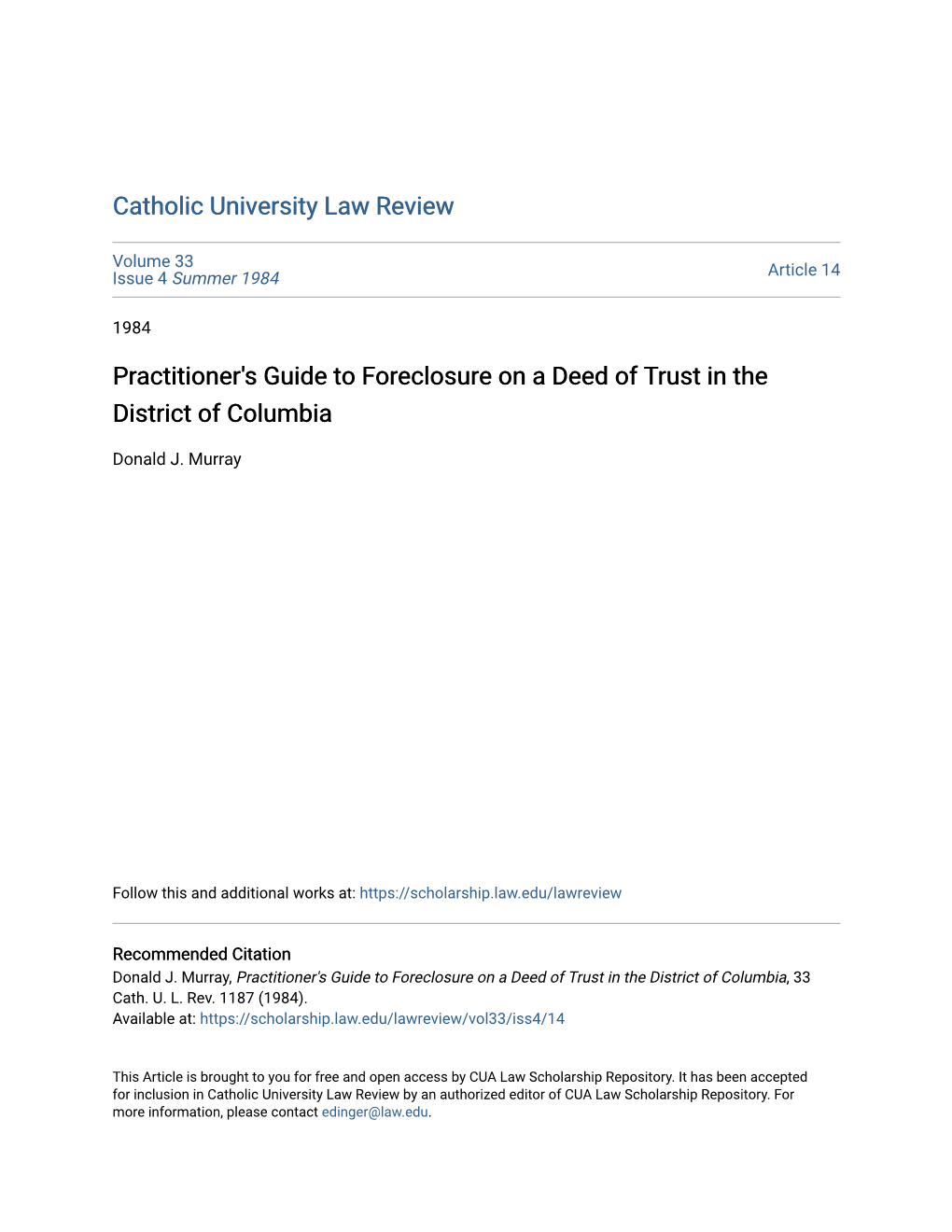 Practitioner's Guide to Foreclosure on a Deed of Trust in the District of Columbia