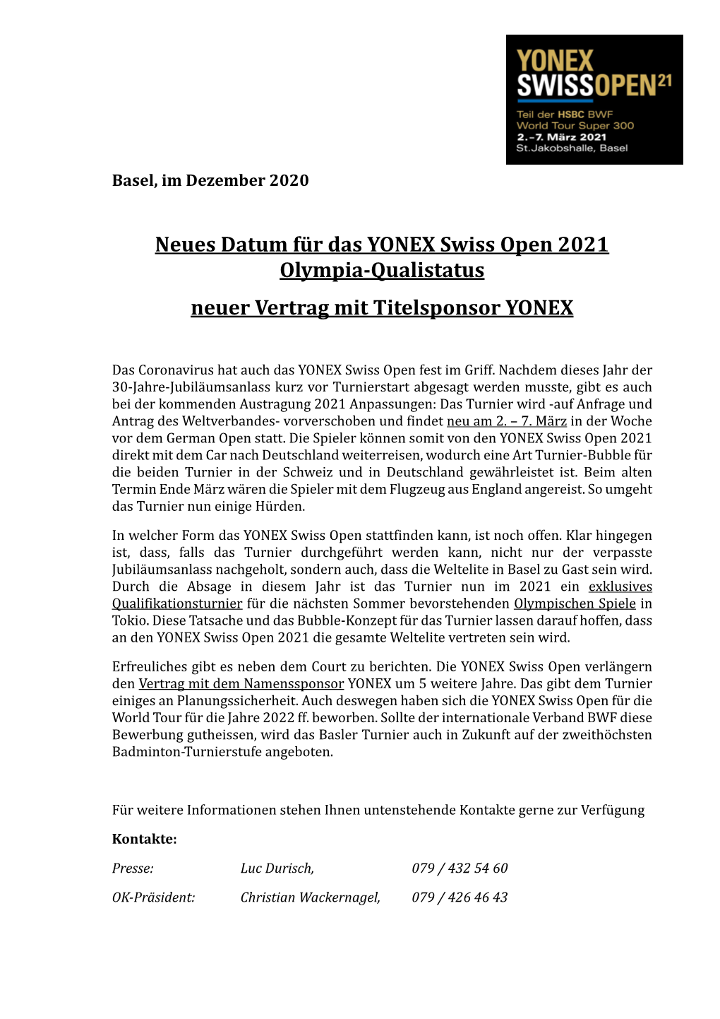 Neues Datum Für Das YONEX Swiss Open 2021 Olympia-Qualistatus