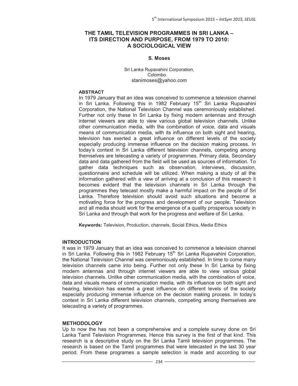 The Tamil Television Programmes in Sri Lanka – Its Direction and Purpose, from 1979 to 2010: a Sociological View