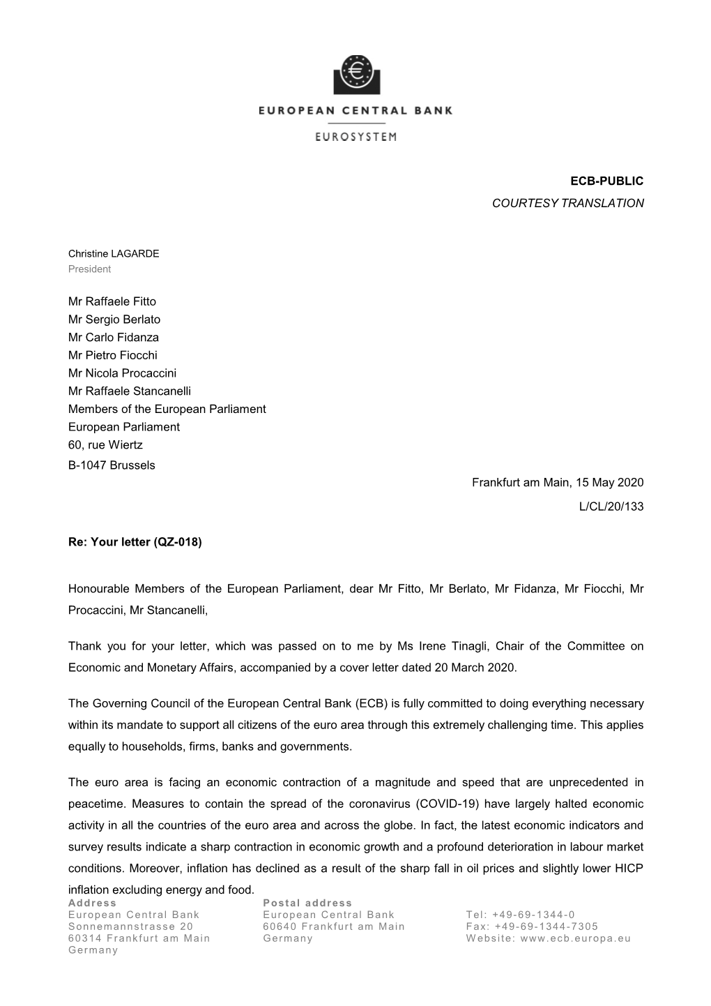 Letter from the ECB President to Mr Raffaele