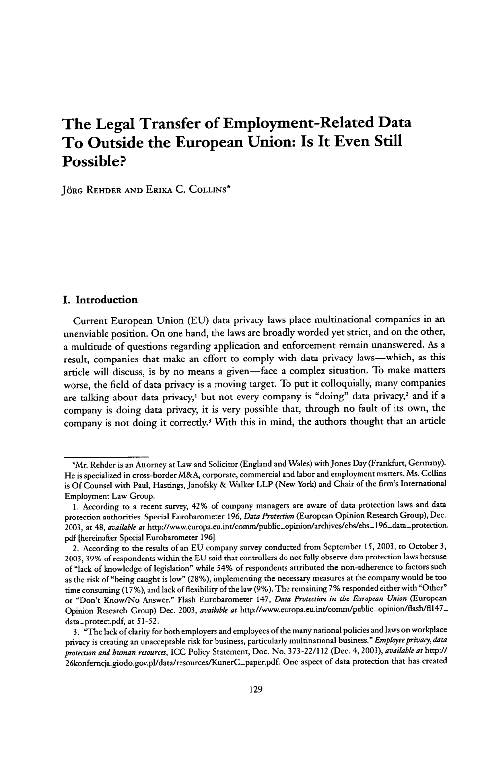 The Legal Transfer of Employment-Related Data to Outside the European Union: Is It Even Still Possible?