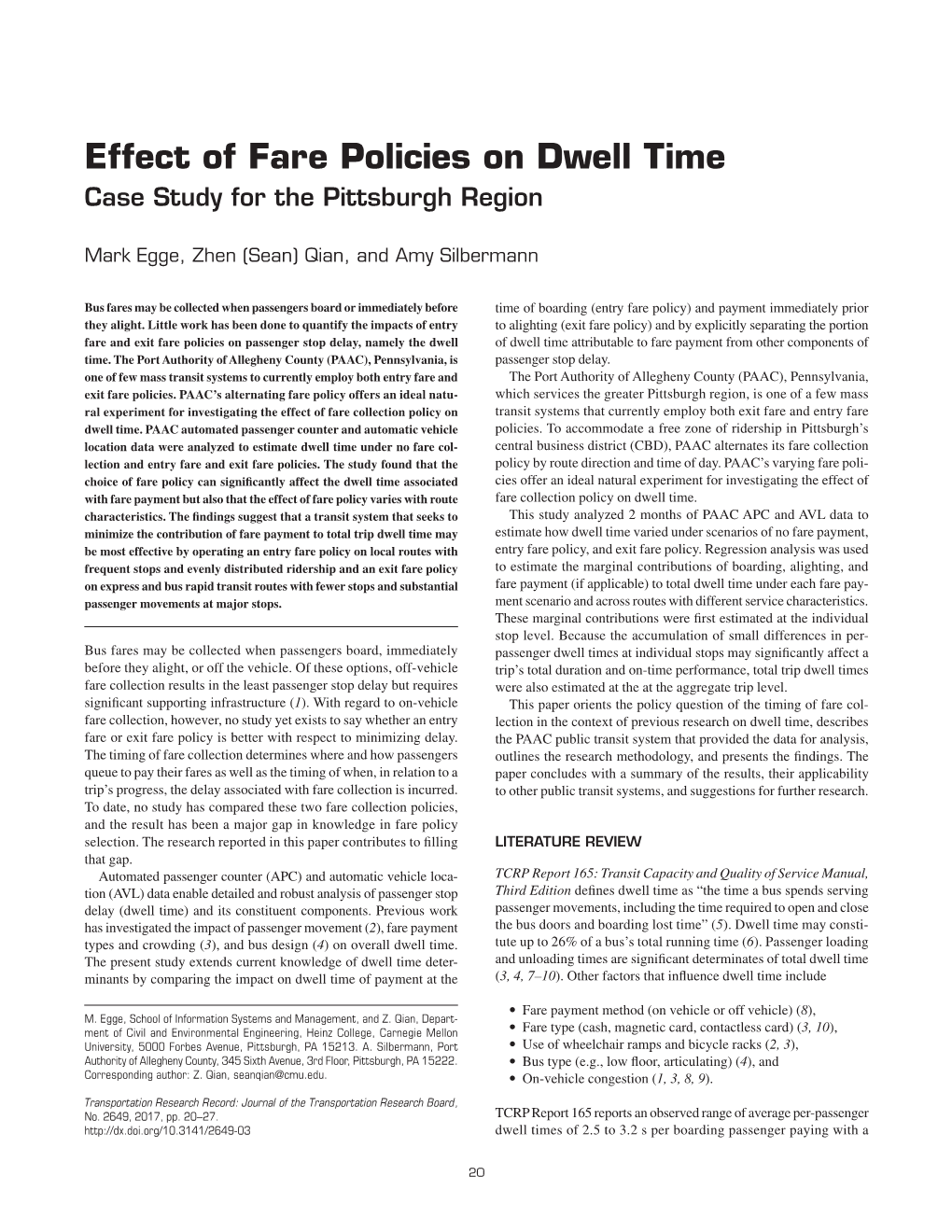 Effect of Fare Policies on Dwell Time Case Study for the Pittsburgh Region