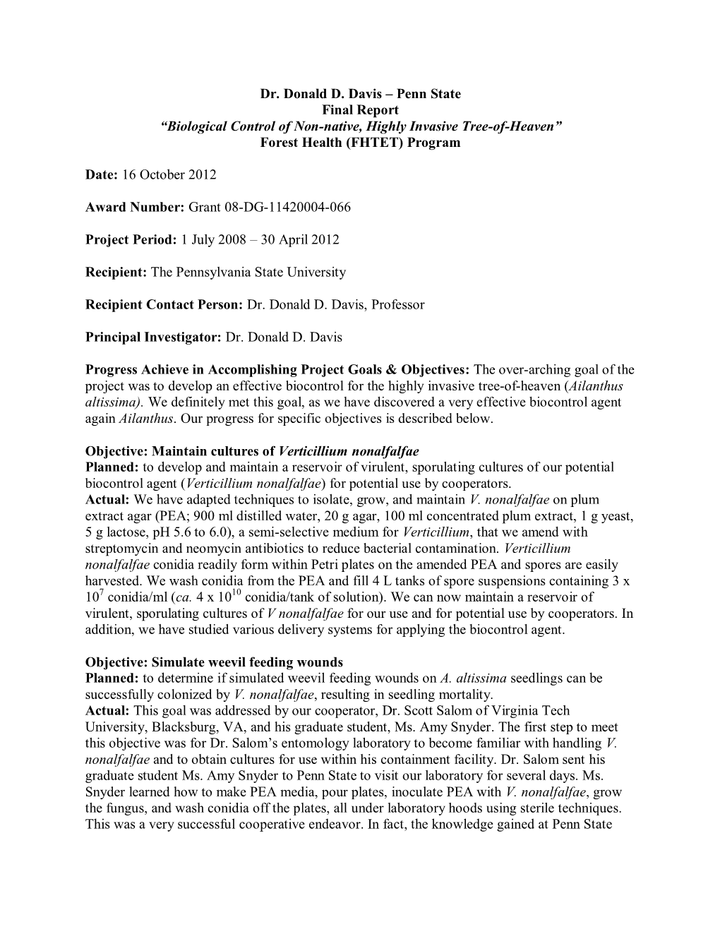 Dr. Donald D. Davis – Penn State Final Report “Biological Control of Non-Native, Highly Invasive Tree-Of-Heaven” Forest Health (FHTET) Program