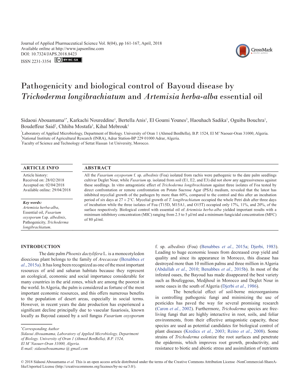 Pathogenicity and Biological Control of Bayoud Disease by Trichoderma Longibrachiatum and Artemisia Herba-Alba Essential Oil