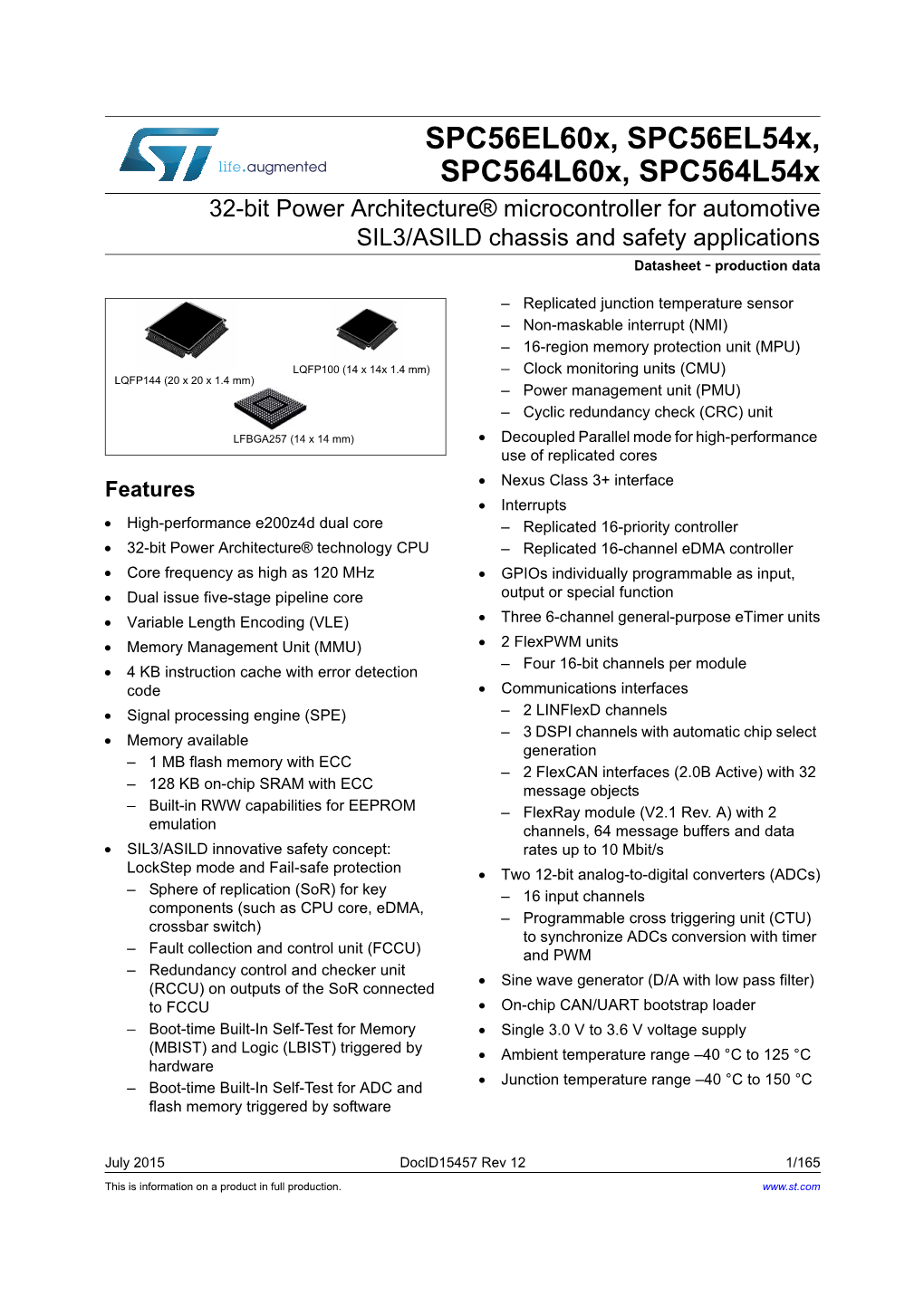 32-Bit Power Architecture® Microcontroller for Automotive SIL3/ASILD Chassis and Safety Applications Datasheet - Production Data