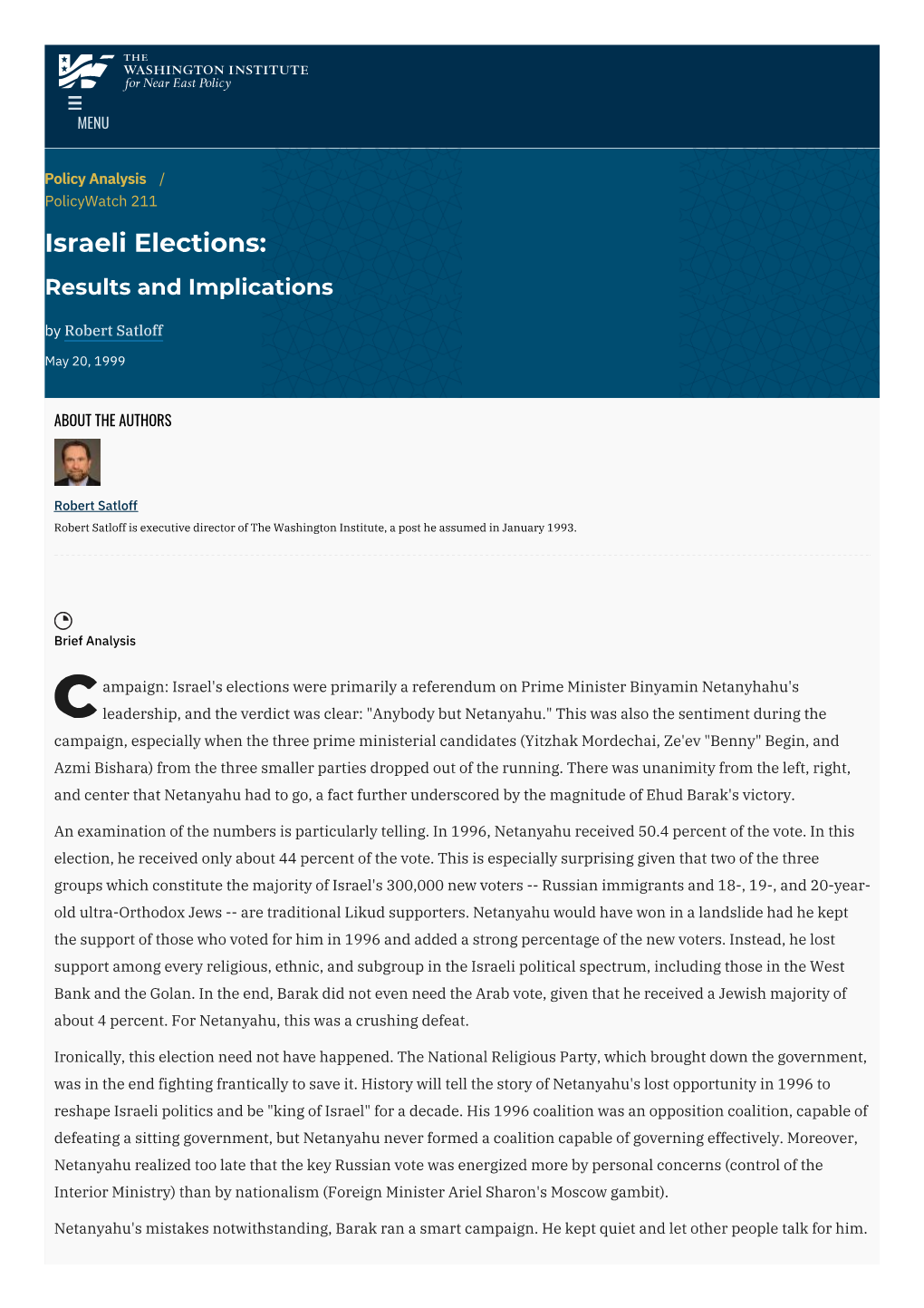 Israeli Elections: Results and Implications by Robert Satloff