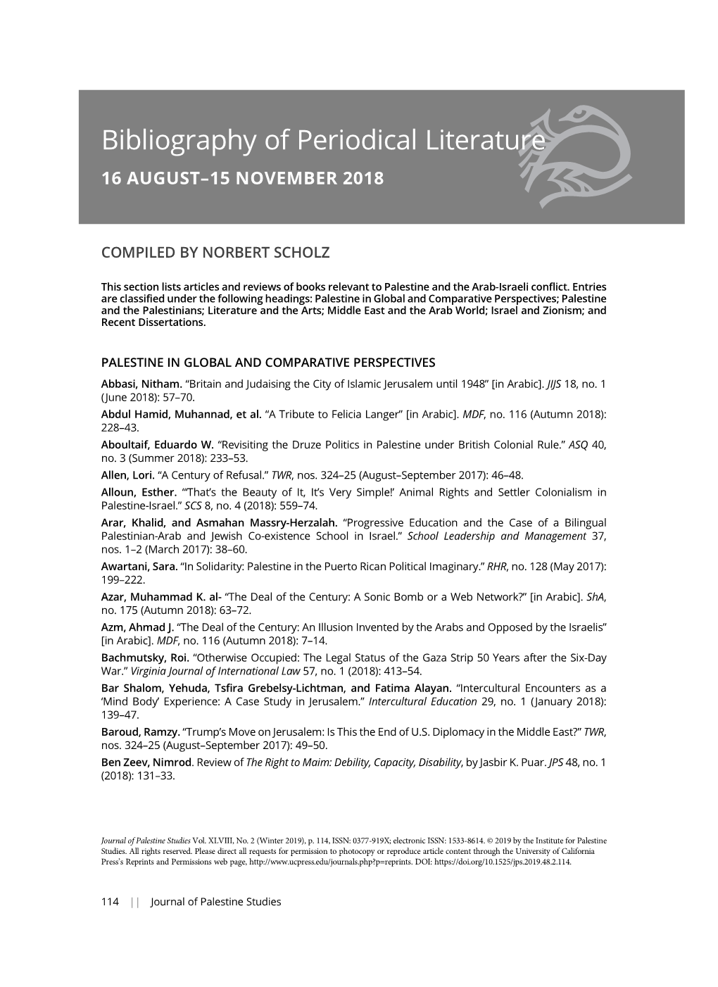 Bibliography of Periodical Literature 16 AUGUST–15 NOVEMBER 2018