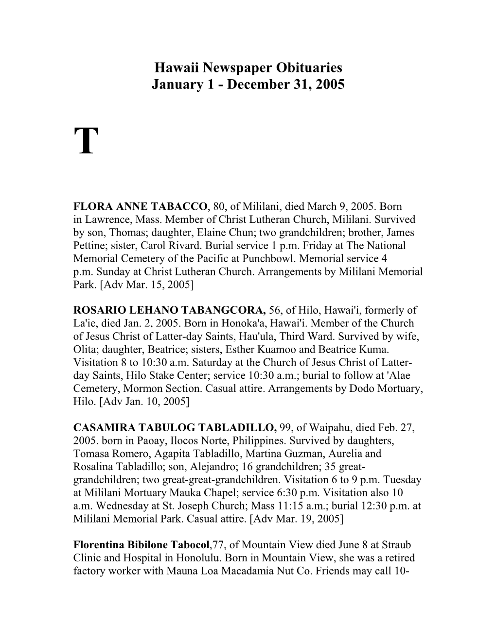 Hawaii Newspaper Obituaries January 1 - December 31, 2005 T
