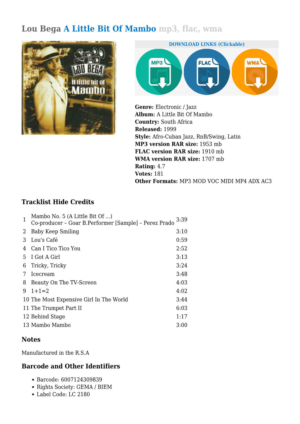 Lou Bega a Little Bit of Mambo Mp3, Flac, Wma