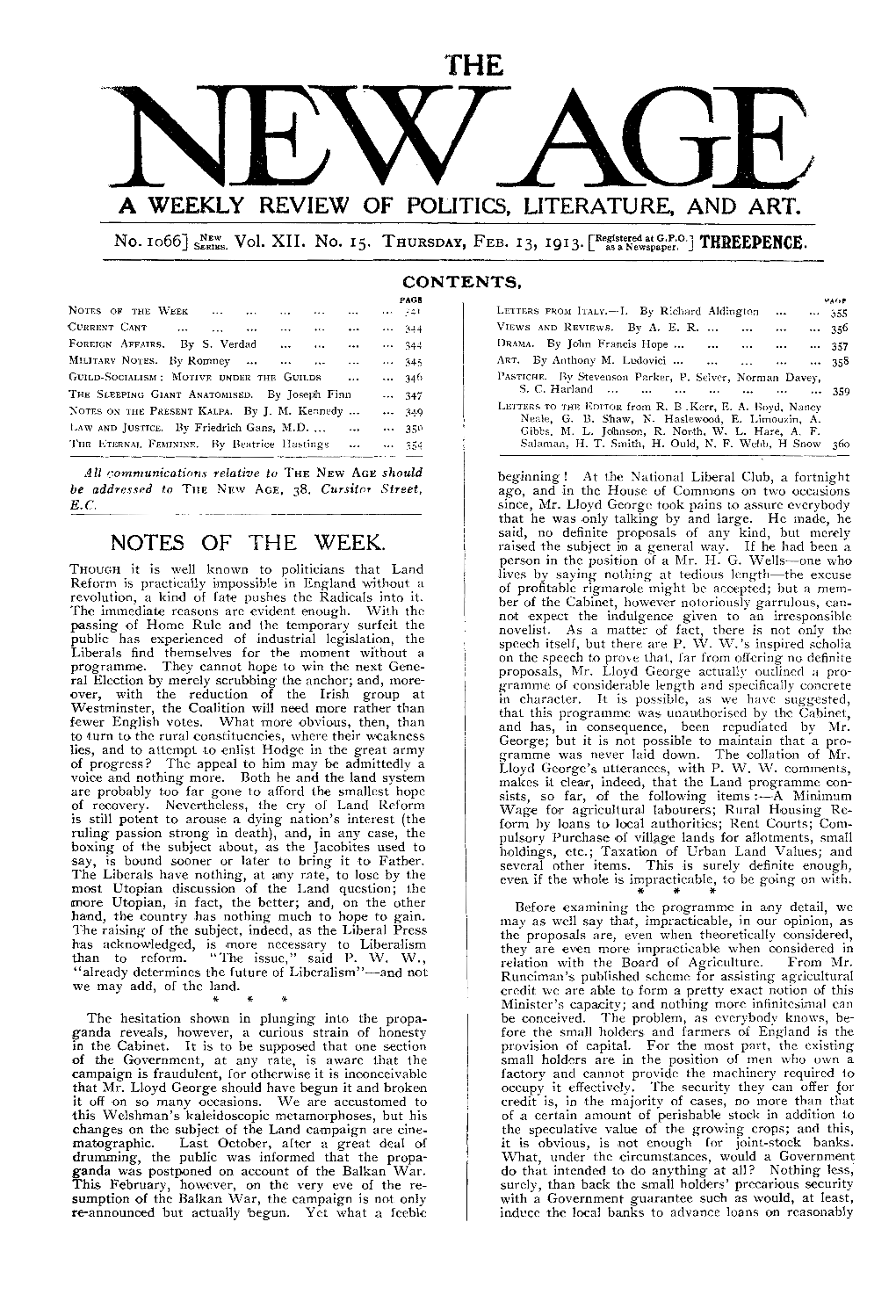 New Age, Vol.12, No.15, Feb.13, 1913