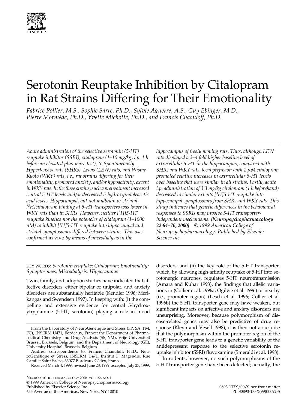 Serotonin Reuptake Inhibition by Citalopram in Rat Strains Differing