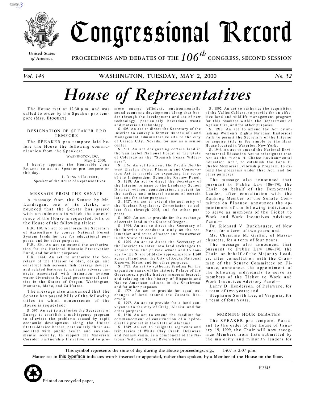 Congressional Record United States Th of America PROCEEDINGS and DEBATES of the 106 CONGRESS, SECOND SESSION