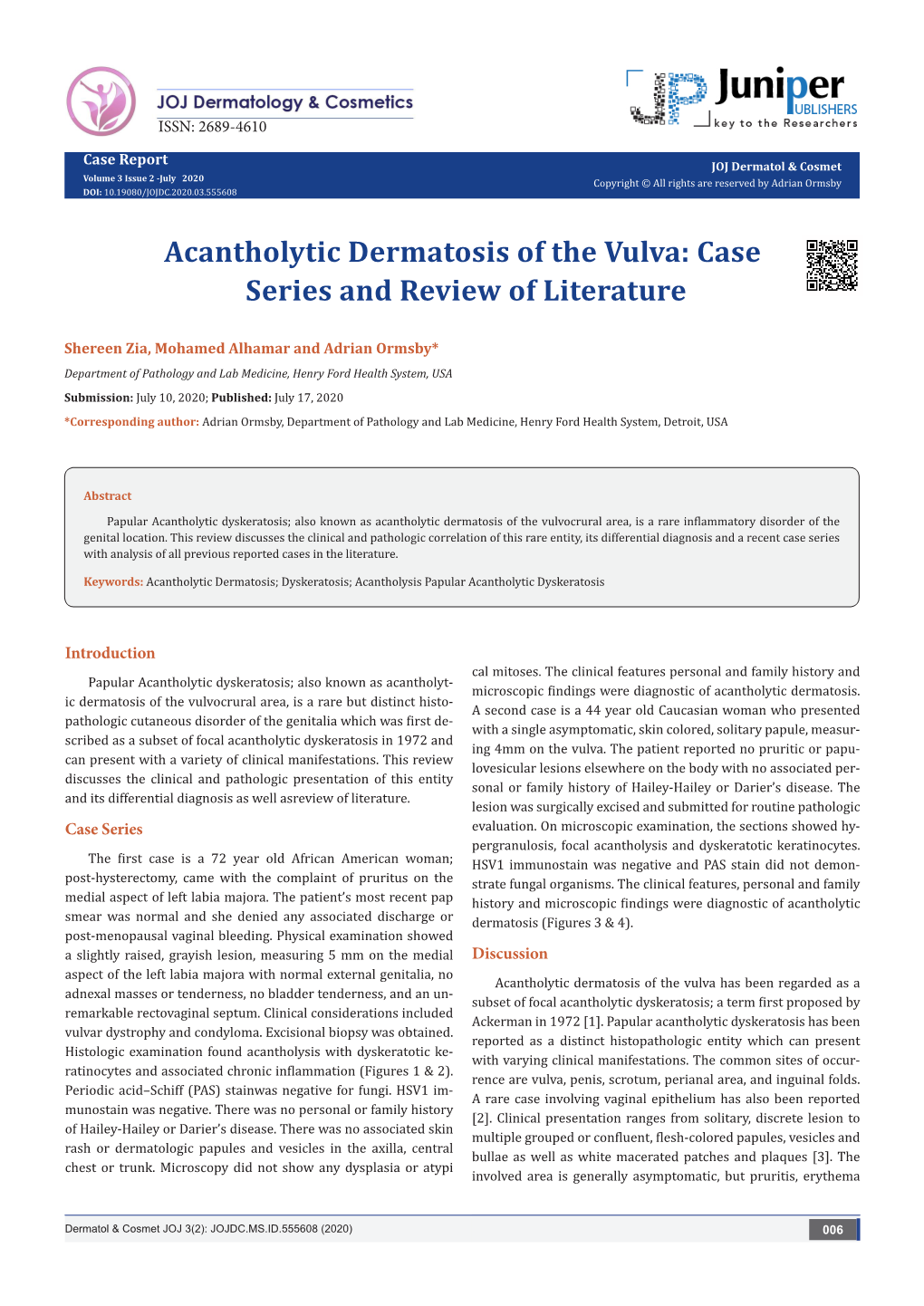 Acantholytic Dermatosis of the Vulva: Case Series and Review of Literature