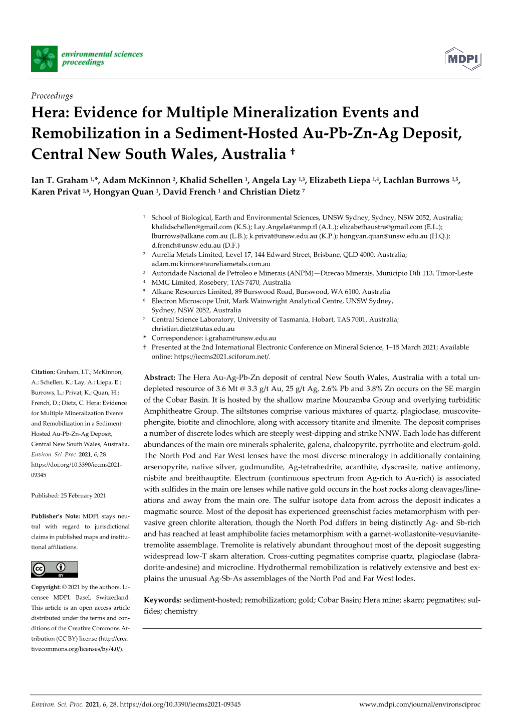 Hera: Evidence for Multiple Mineralization Events and Remobilization in a Sediment-Hosted Au-Pb-Zn-Ag Deposit, Central New South Wales, Australia †