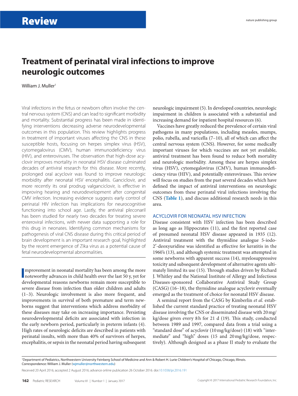 Treatment of Perinatal Viral Infections to Improve Neurologic Outcomes
