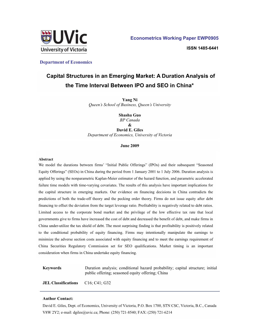 Capital Structures in an Emerging Market: a Duration Analysis of the Time Interval Between IPO and SEO in China*