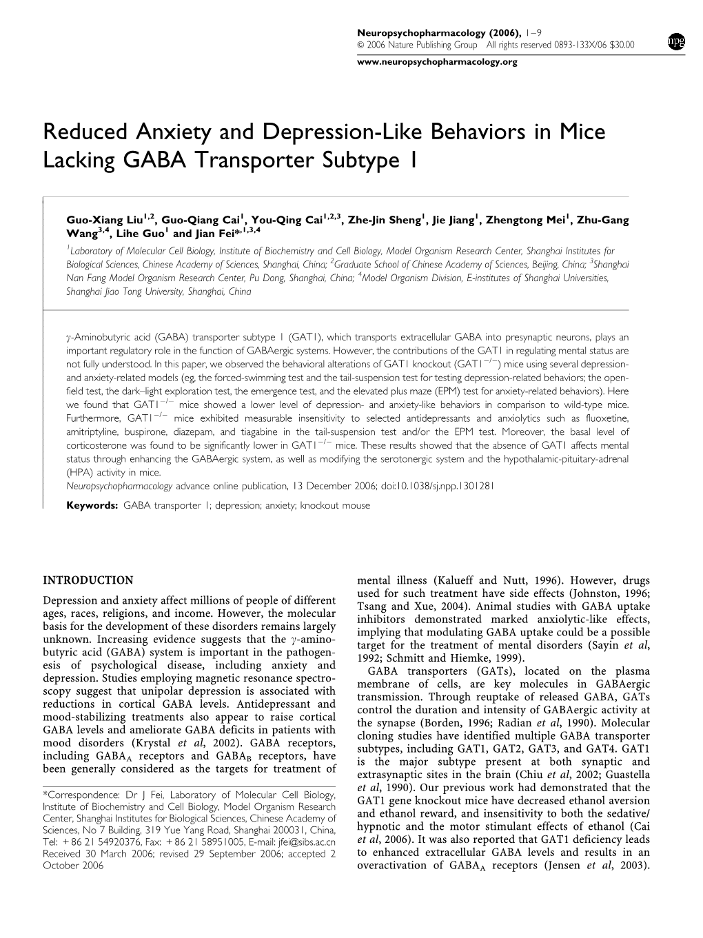 Reduced Anxiety and Depression-Like Behaviors in Mice Lacking GABA Transporter Subtype 1