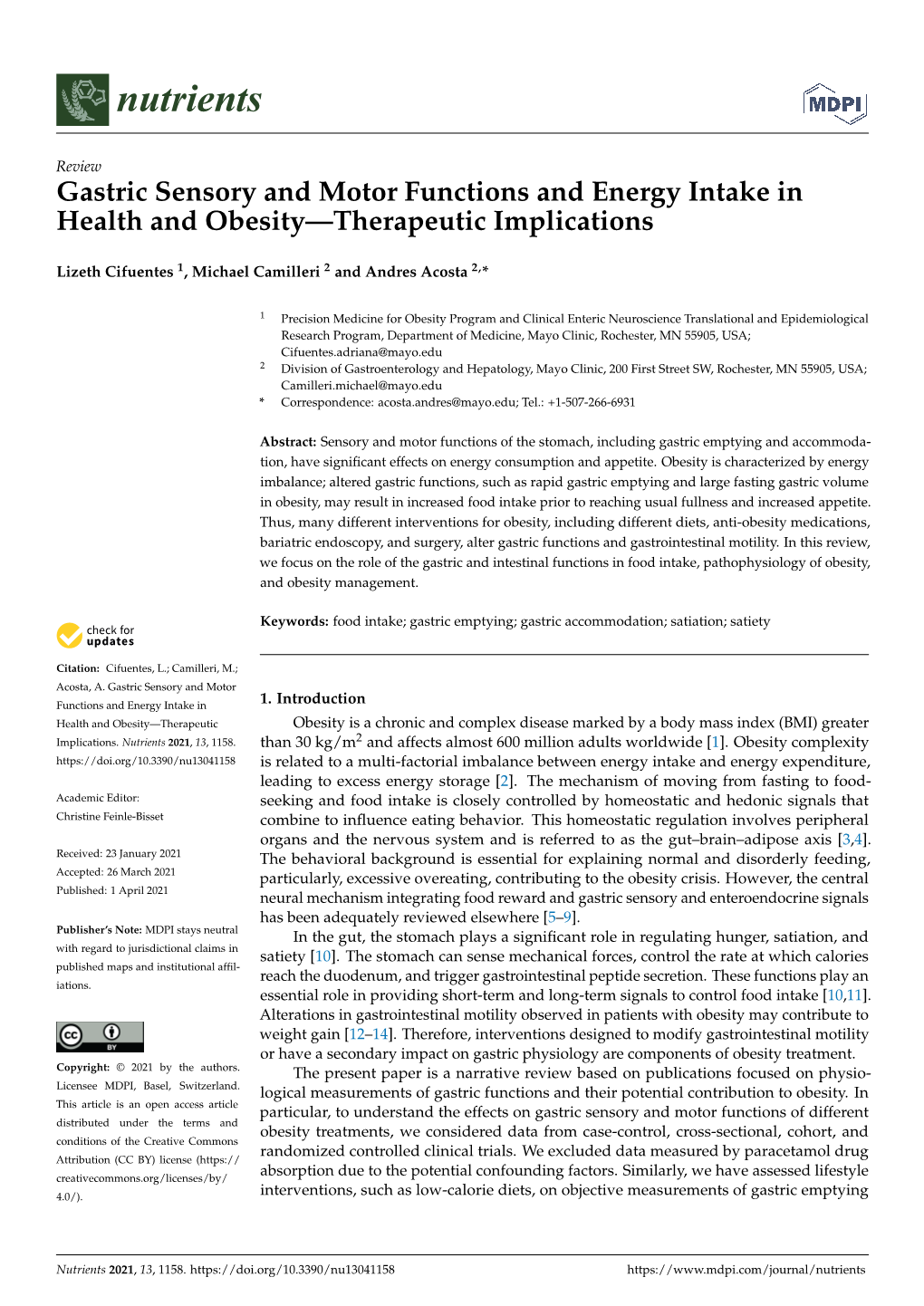 Gastric Sensory and Motor Functions and Energy Intake in Health and Obesity—Therapeutic Implications