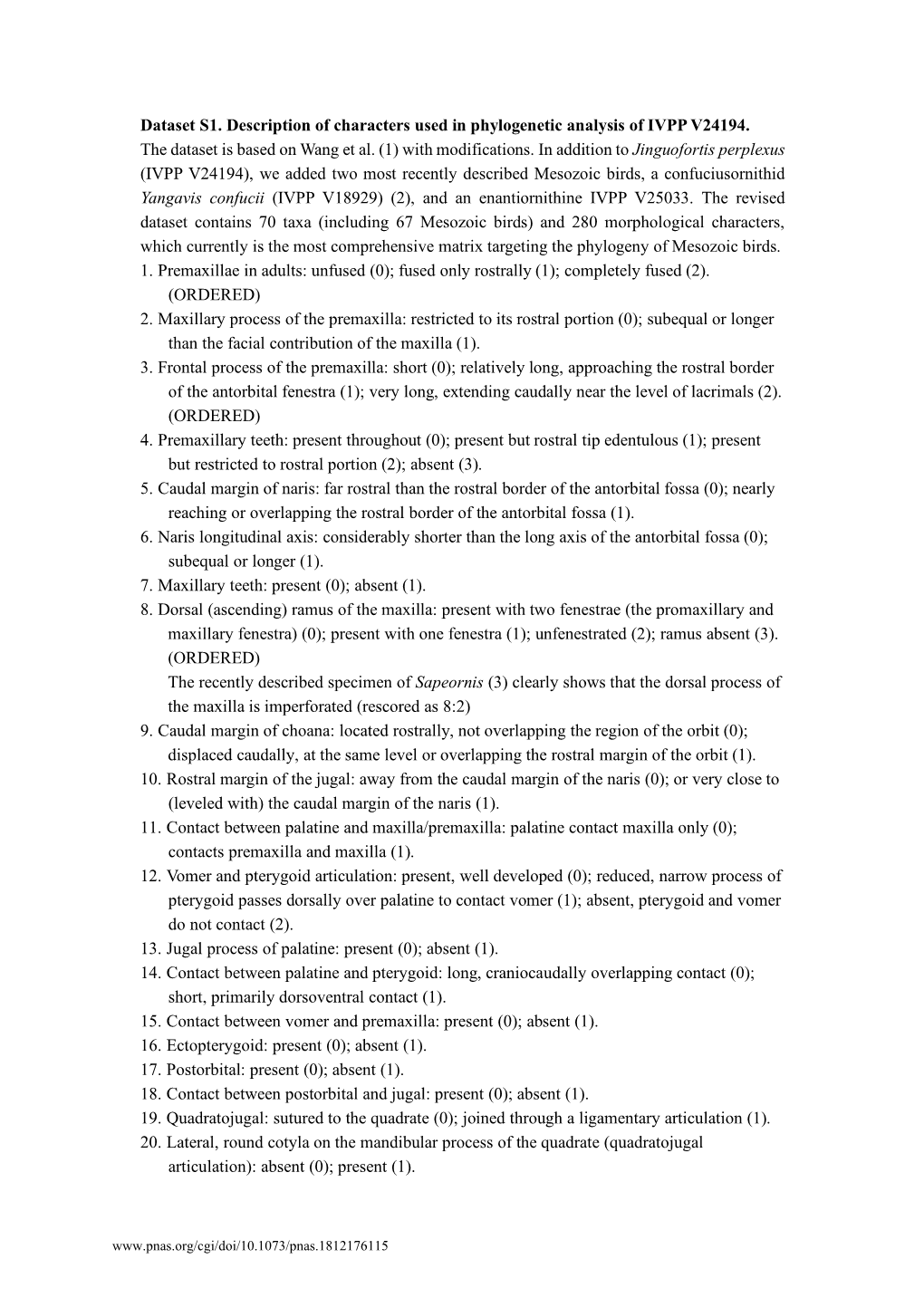 Dataset S1. Description of Characters Used in Phylogenetic Analysis of IVPP V24194