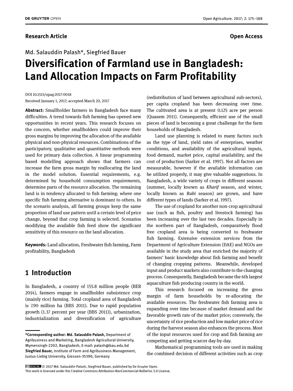 Diversification of Farmland Use in Bangladesh: Land Allocation Impacts on Farm Profitability