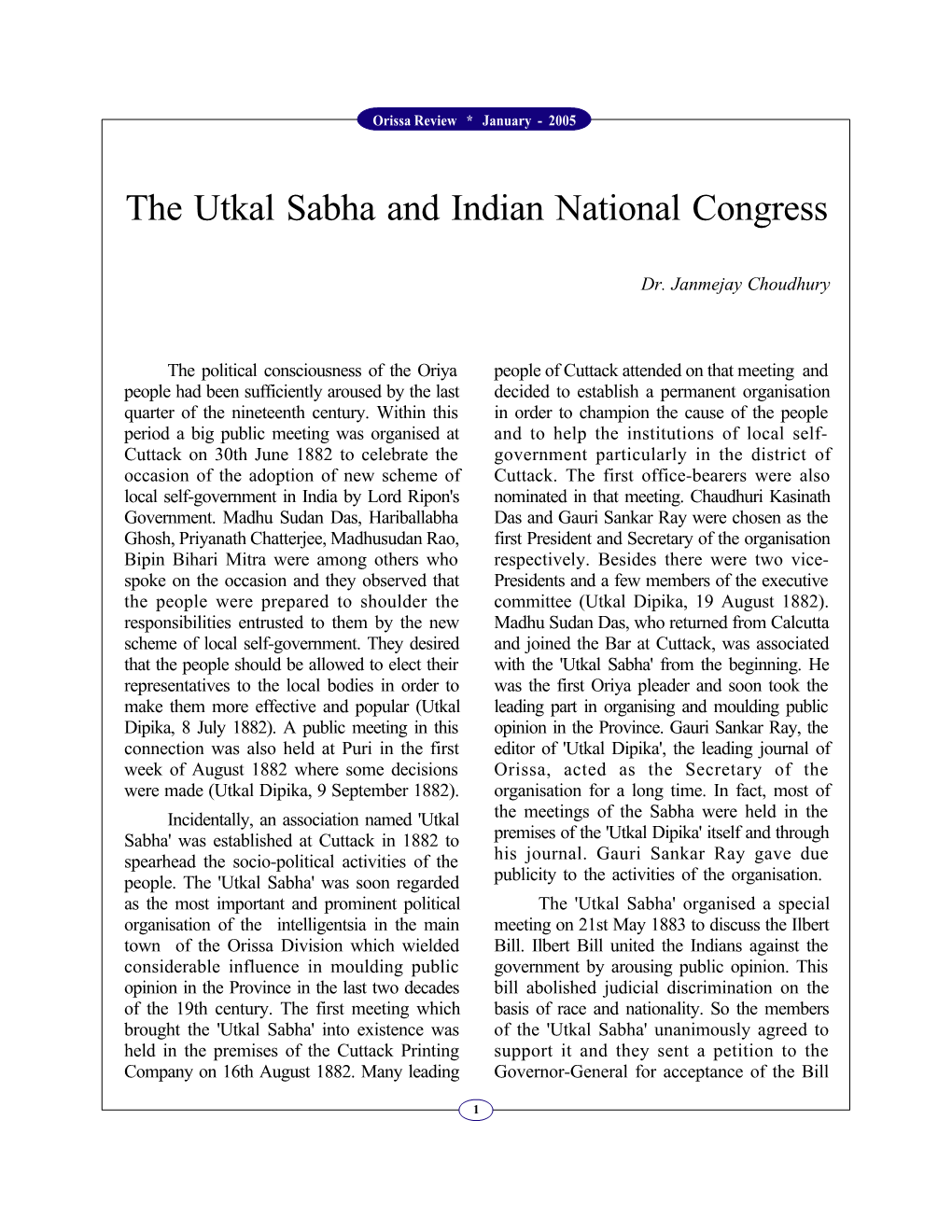 The Utkal Sabha and Indian National Congress