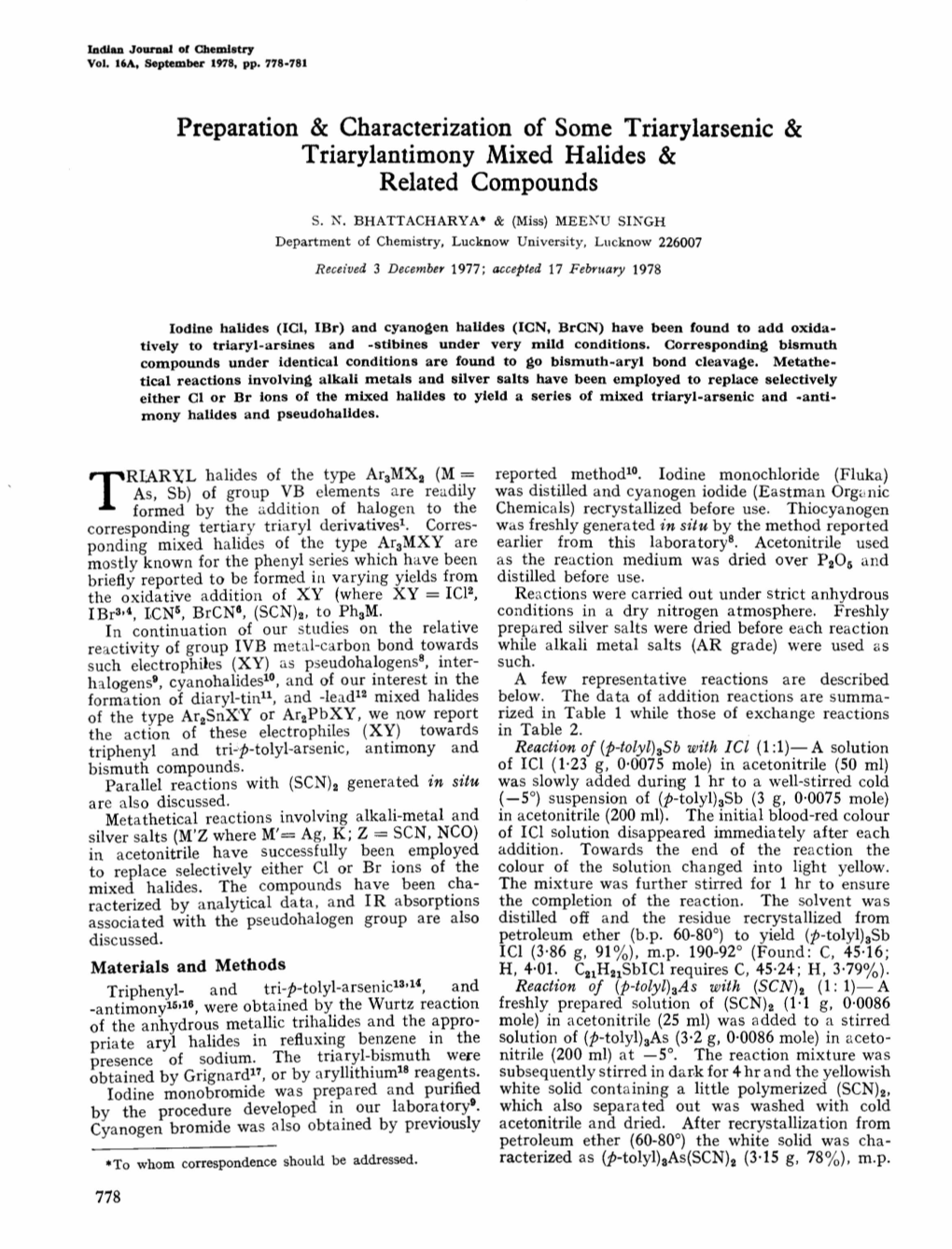 Preparation & Characterization of Some Triarylarsenic