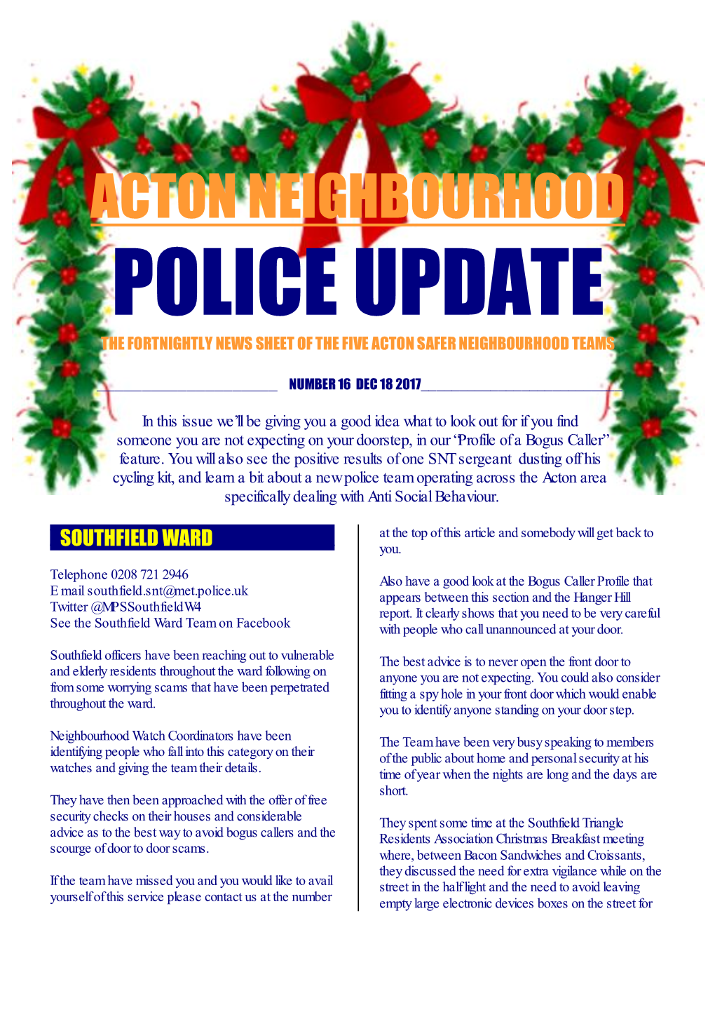 Acton Neighbourhood Police Update the Fortnightly News Sheet of the Five Acton Safer Neighbourhood Teams