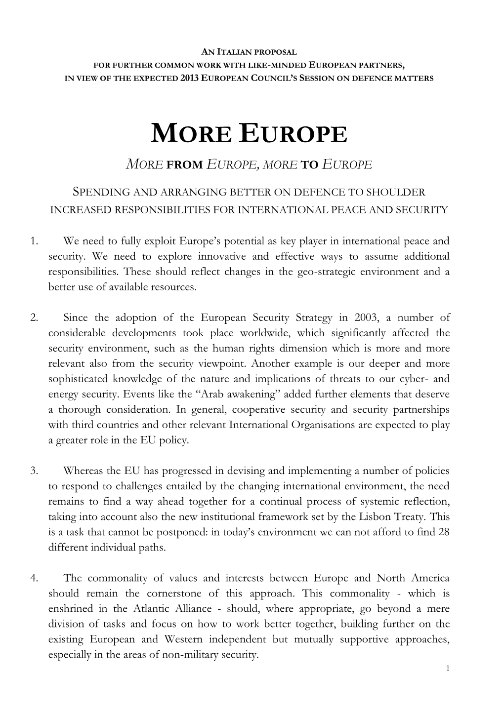 European Partners, in View of the Expected 2013 European Council’S Session on Defence Matters
