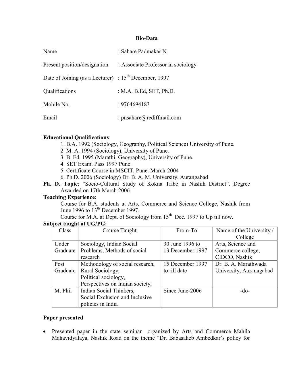 Associate Professor in Sociology Date of Joining (As a Lecturer)