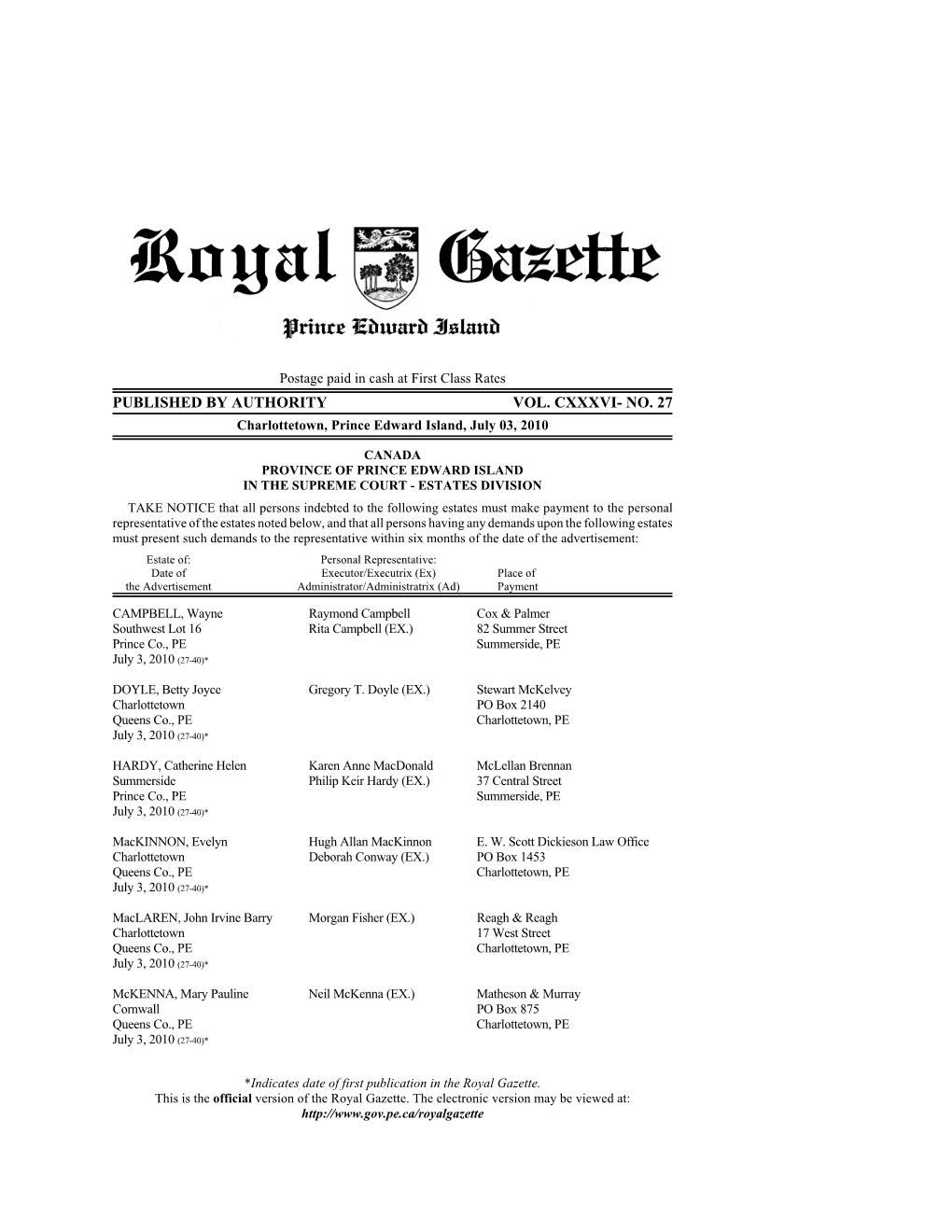 Royal Gazette July 3, 2010 Part 1