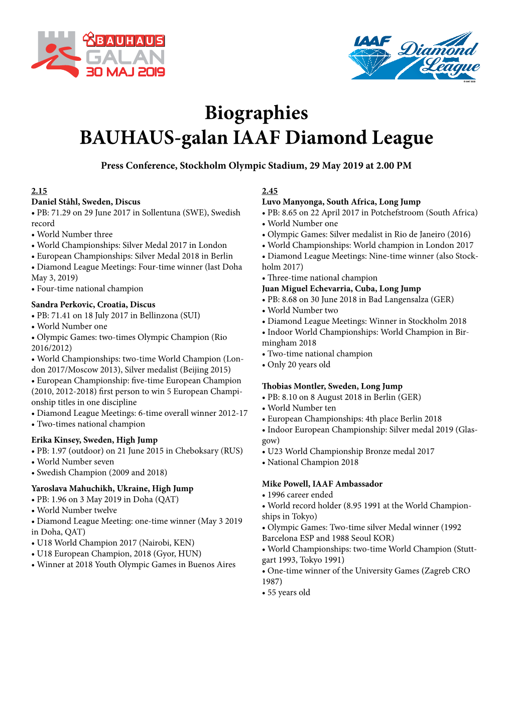 Biographies BAUHAUS-Galan IAAF Diamond League