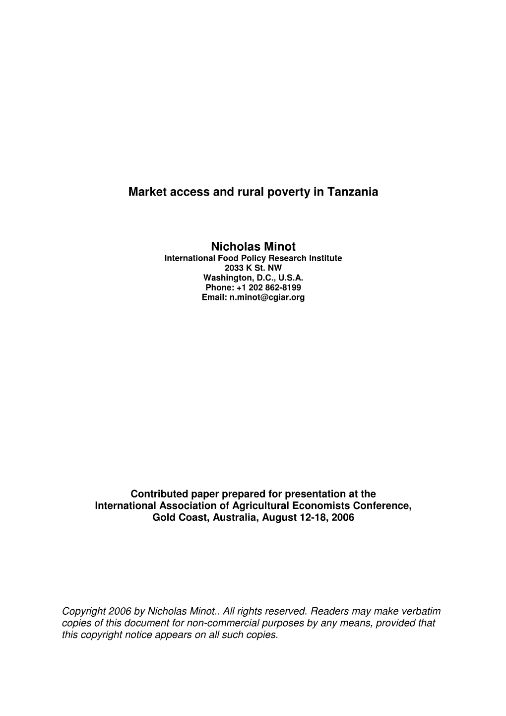 Market Access and Rural Poverty in Tanzania Nicholas Minot