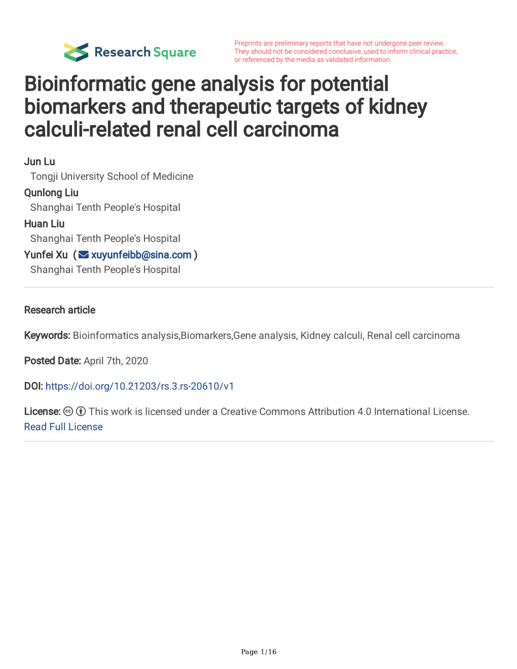 Bioinformatic Gene Analysis for Potential Biomarkers and Therapeutic Targets of Kidney Calculi-Related Renal Cell Carcinoma