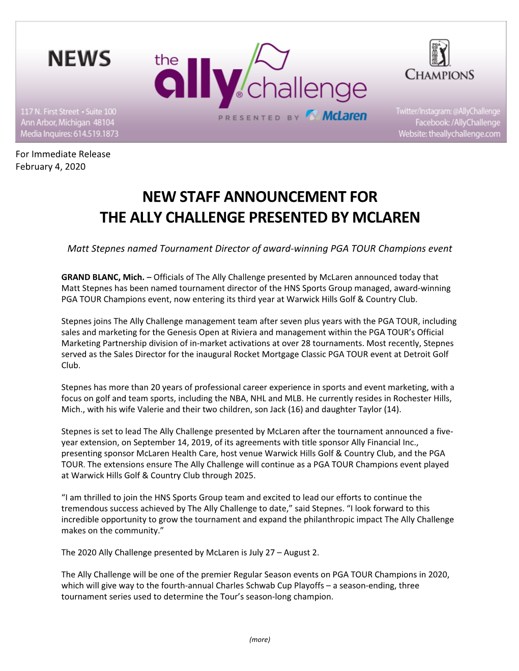 New Staff Announcement for the Ally Challenge Presented by Mclaren