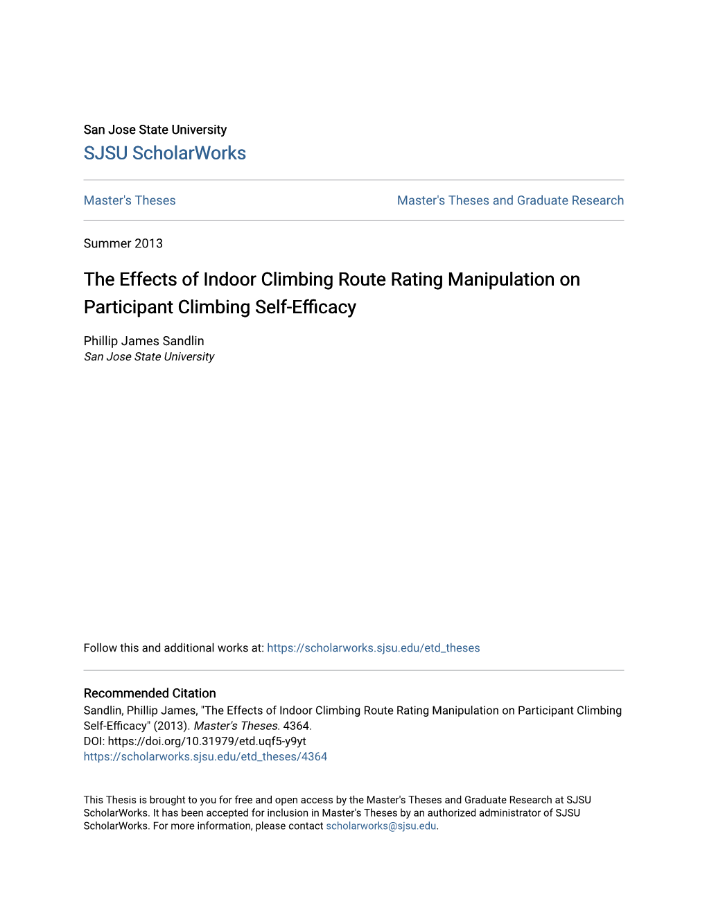 The Effects of Indoor Climbing Route Rating Manipulation on Participant Climbing Self-Efficacy