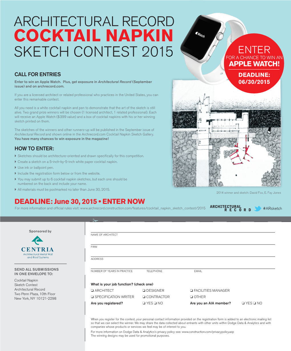 COCKTAIL NAPKIN ENTER SKETCH CONTEST 2015 for a CHANCE to WIN an APPLE WATCH! CALL for ENTRIES DEADLINE: Enter to Win an Apple Watch