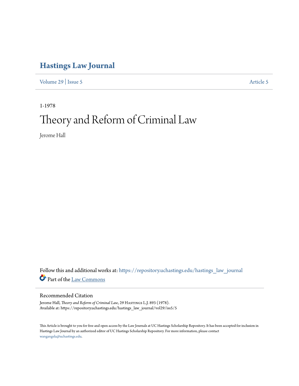 Theory and Reform of Criminal Law Jerome Hall