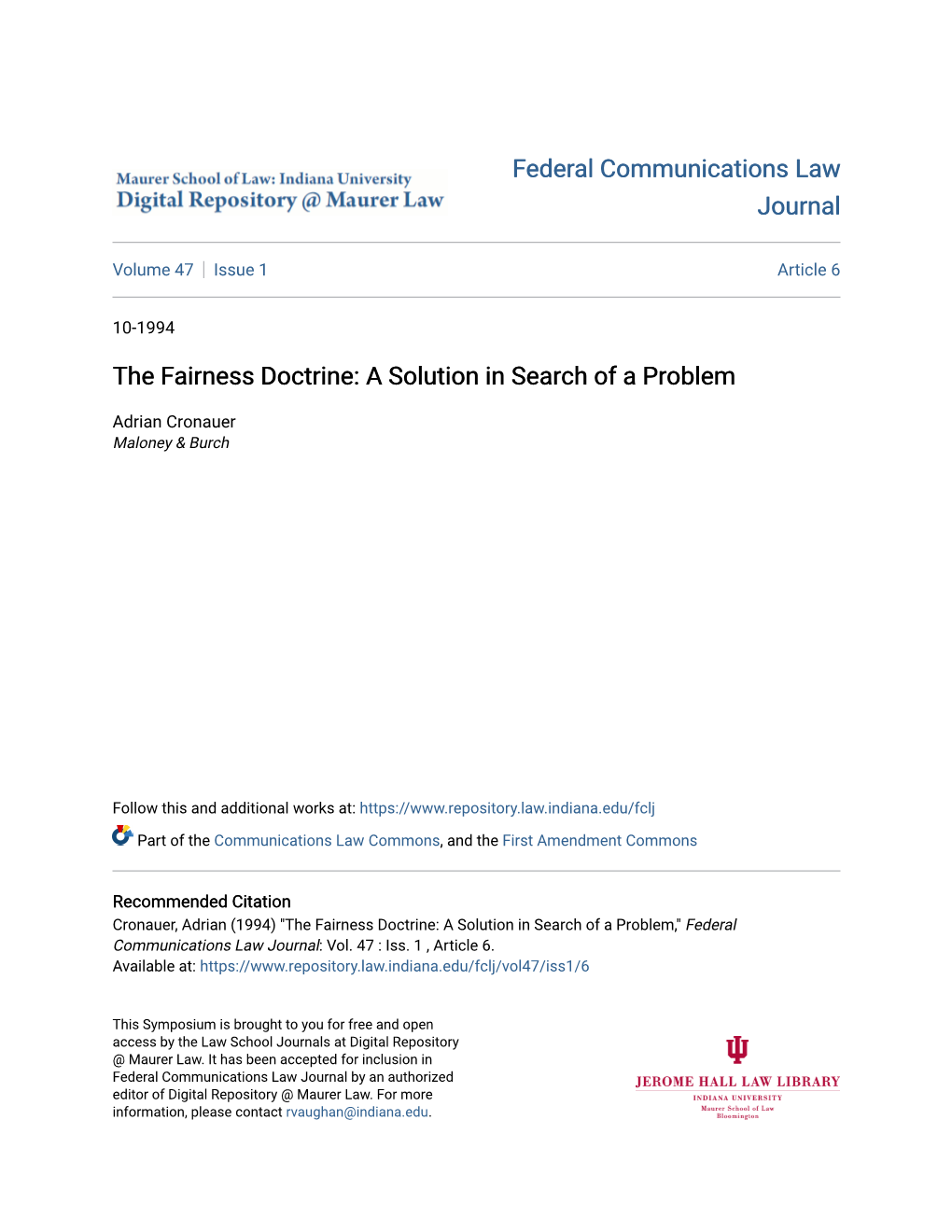 The Fairness Doctrine: a Solution in Search of a Problem