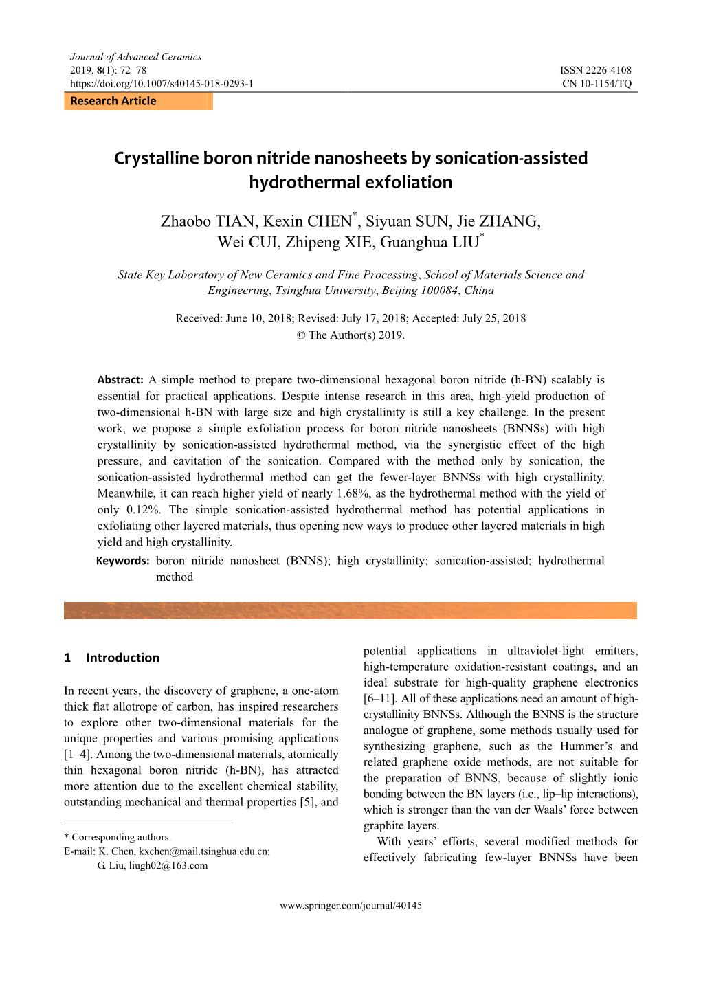 Crystalline Boron Nitride Nanosheets by Sonication-Assisted Hydrothermal Exfoliation