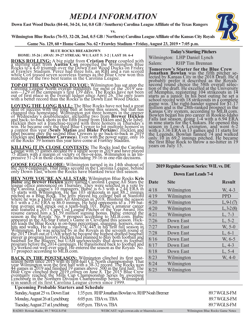 MEDIA INFORMATION Down East Wood Ducks (84-44, 34-24, 1St, 0.0 GB / Southern) Carolina League Affiliate of the Texas Rangers Vs