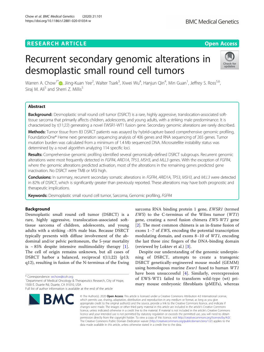 Recurrent Secondary Genomic Alterations in Desmoplastic Small Round Cell Tumors Warren A