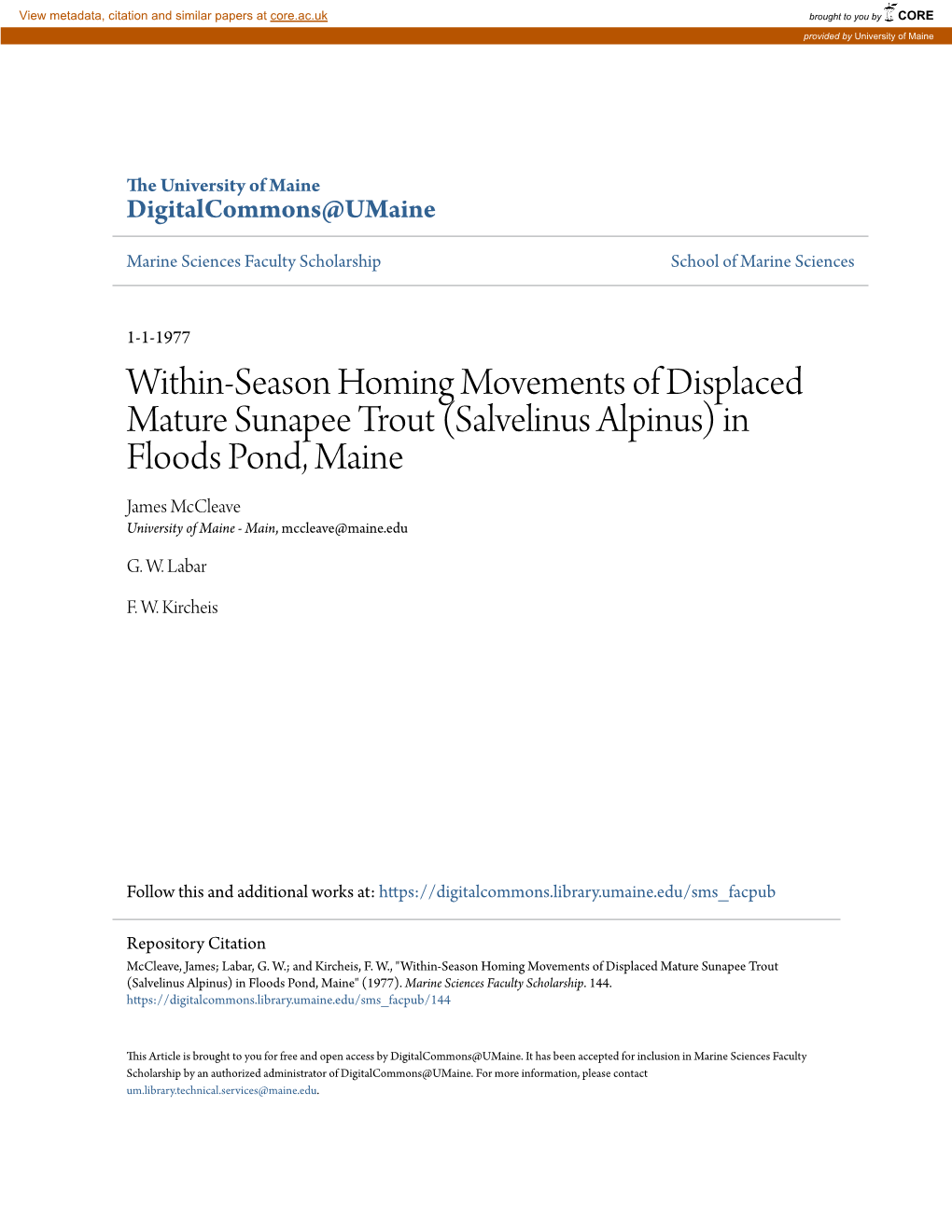 Within-Season Homing Movements of Displaced Mature Sunapee Trout