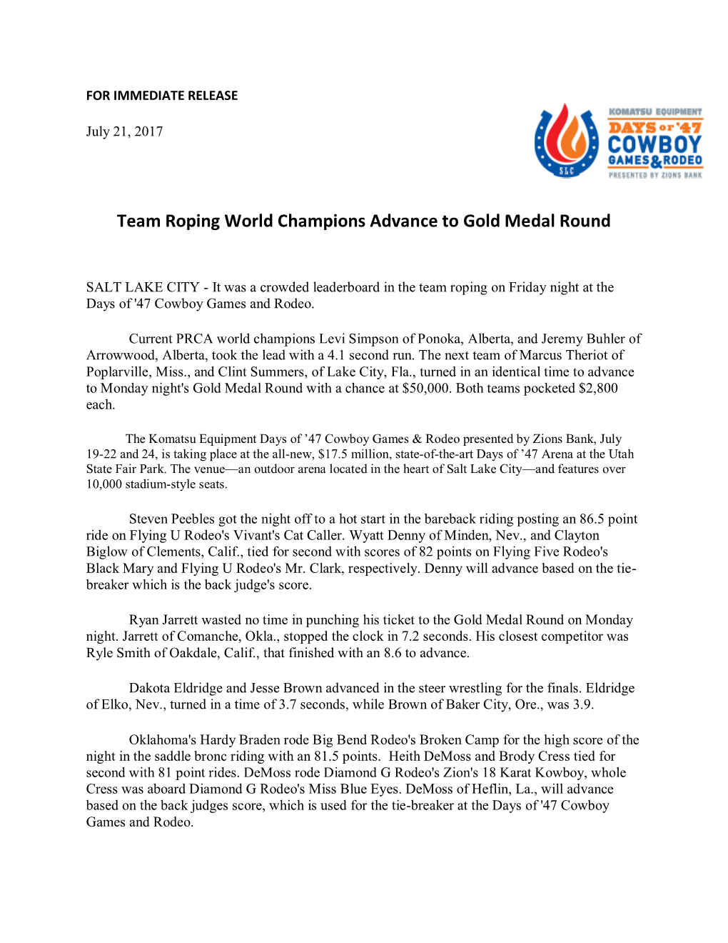 Team Roping World Champions Advance to Gold Medal Round