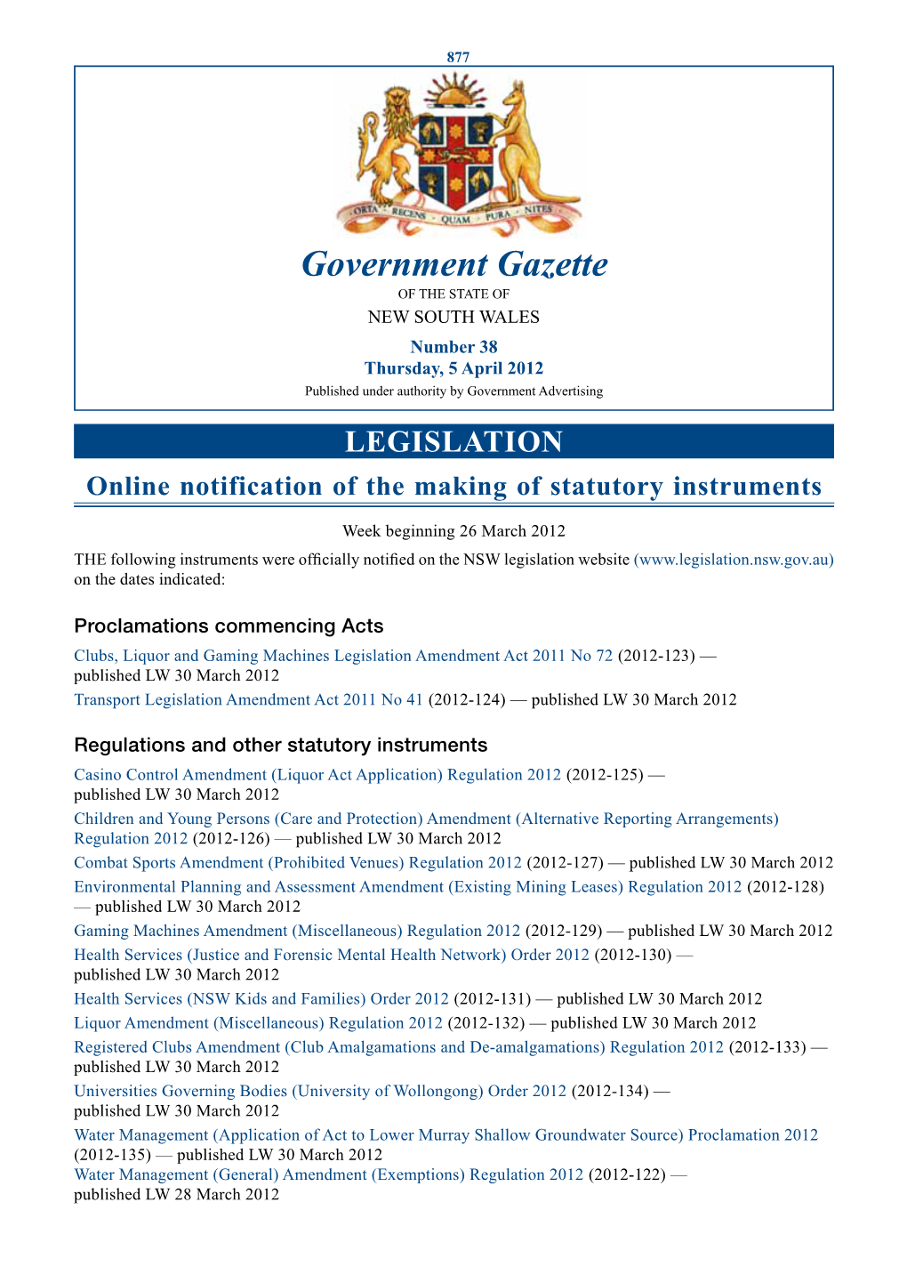Government Gazette of the STATE of NEW SOUTH WALES Number 38 Thursday, 5 April 2012 Published Under Authority by Government Advertising