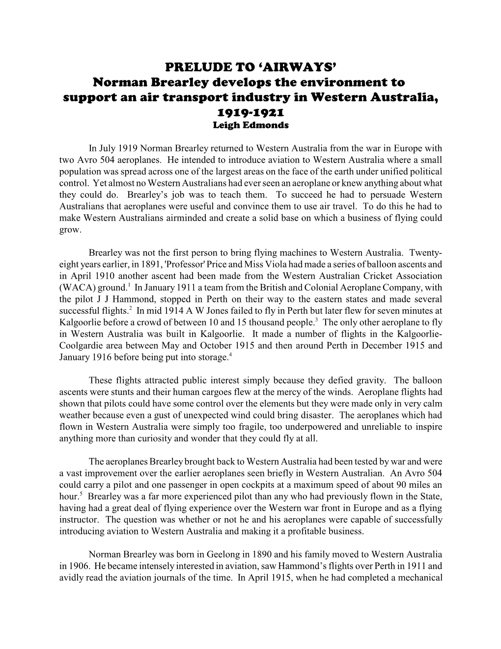 PRELUDE to 'AIRWAYS' Norman Brearley Develops the Environment to Support an Air Transport Industry in Western Australia